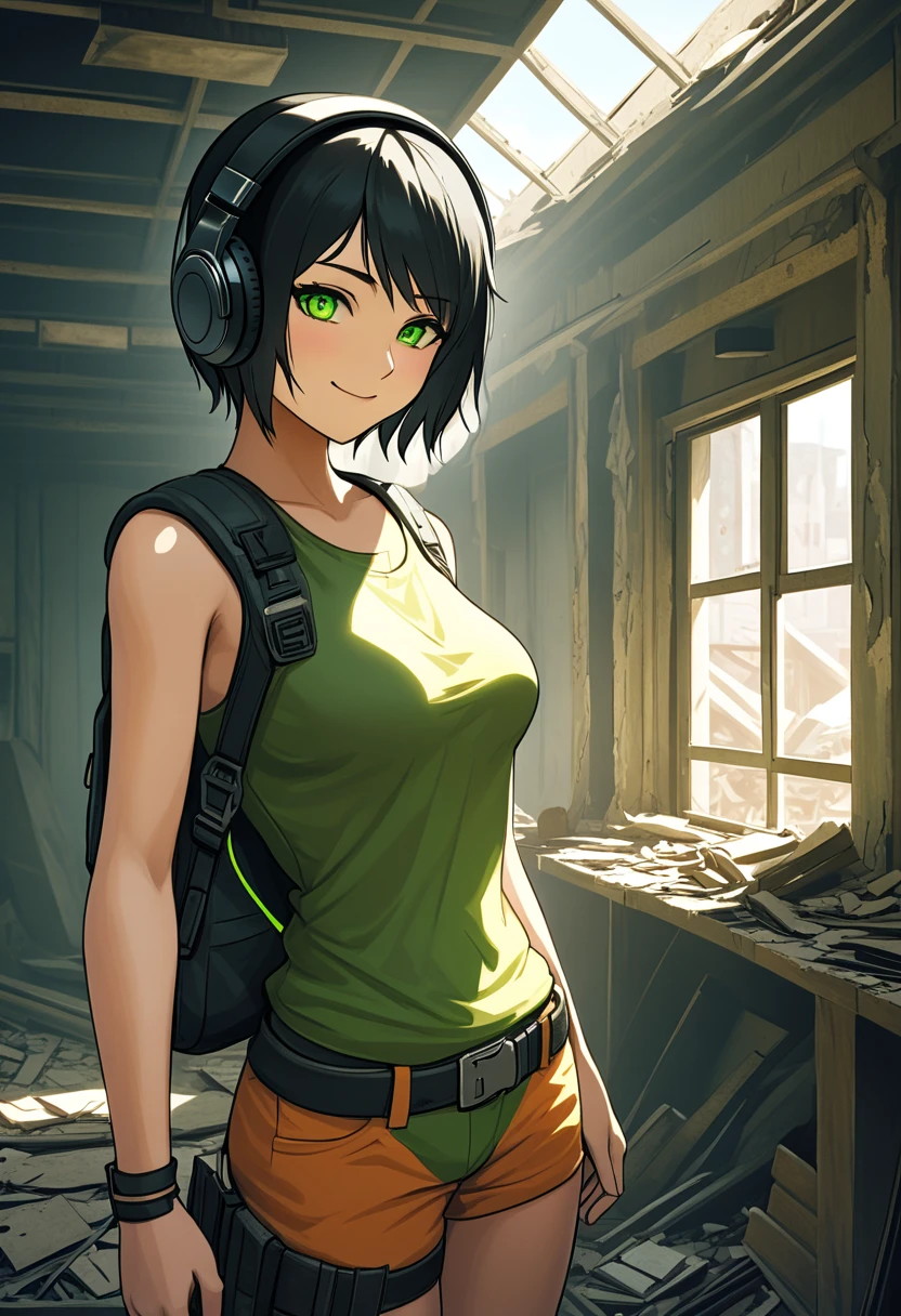 A woman wearing post apocalypitc clothes, short black hair, bright green eyes, and a headphone. She has medium-sized breasts and a toned, strong body. She is in a ruined Shop, one hand in his backback. She is smiling, and it's a sunny and beautiful day.





