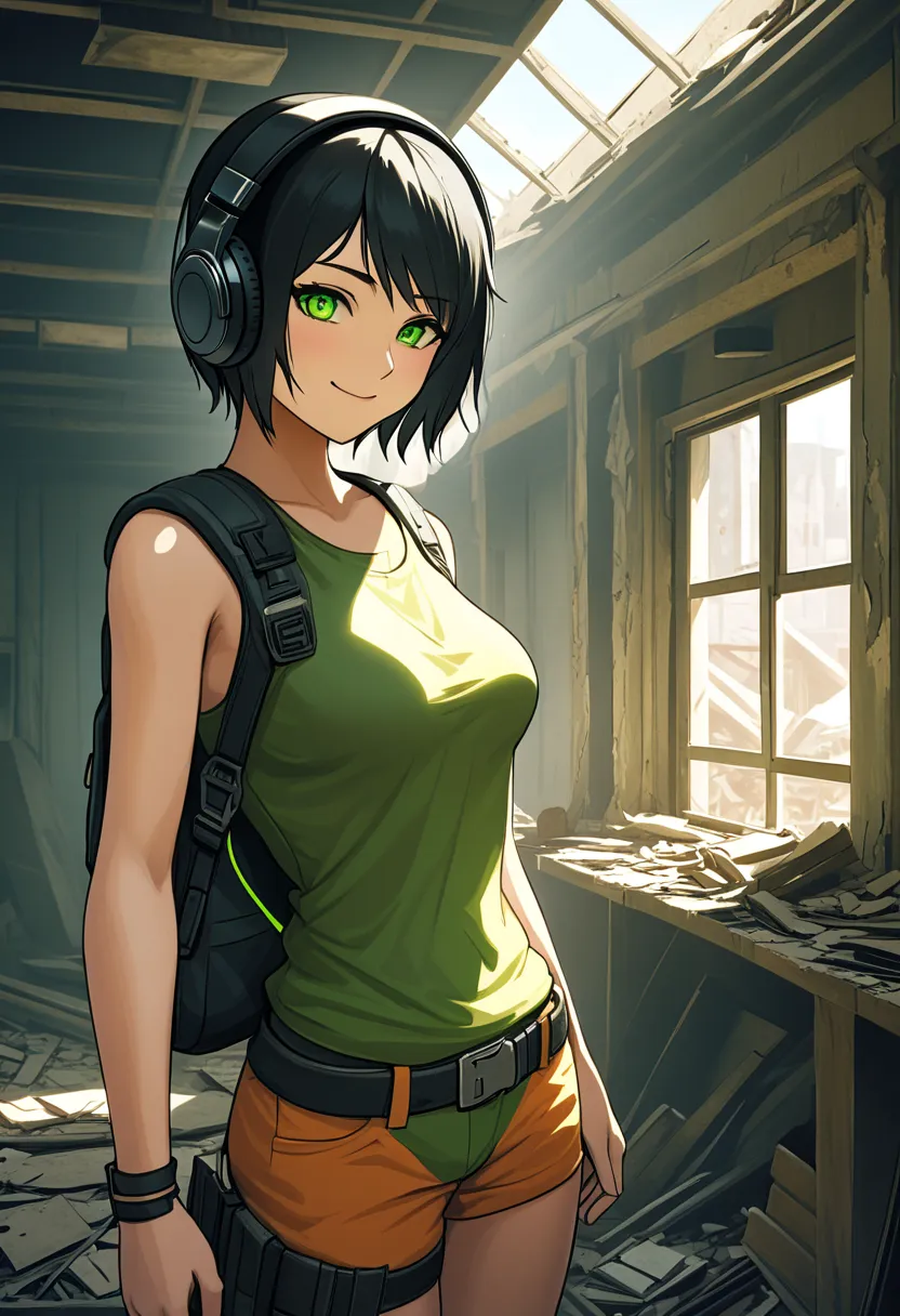 A woman wearing post apocalypitc clothes, short black hair, bright green eyes, and a headphone. She has medium-sized breasts and...