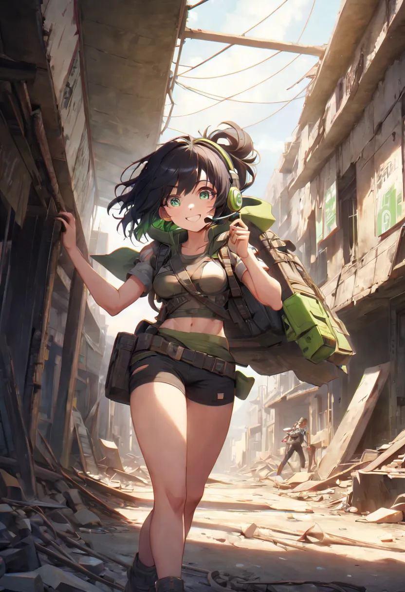 a woman wearing post apocalypitc clothes, short black hair, bright green eyes, and a headphone. she has medium-sized breasts and...