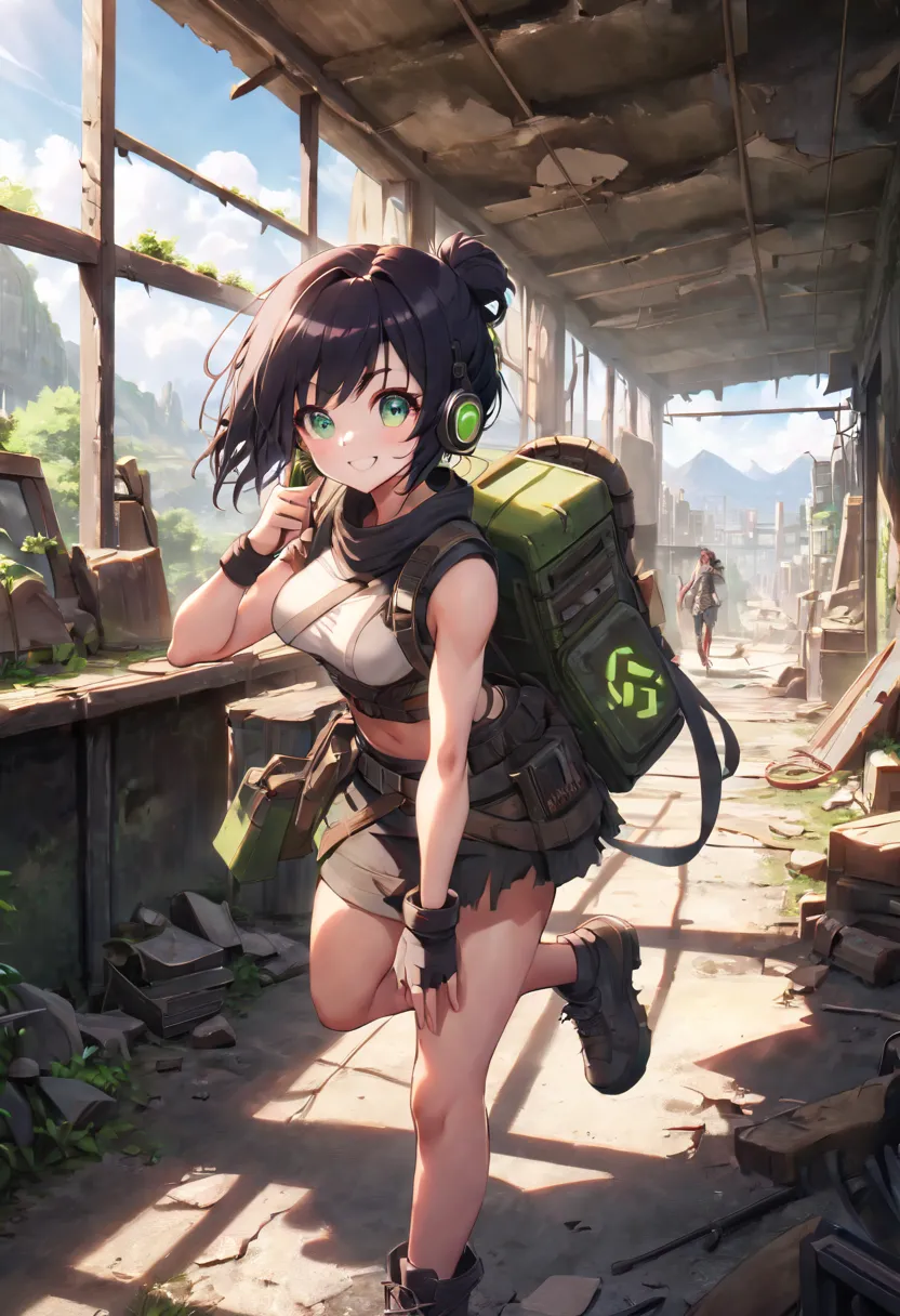 a woman wearing post apocalypitc clothes, short black hair, bright green eyes, and a headphone. she has medium-sized breasts and...