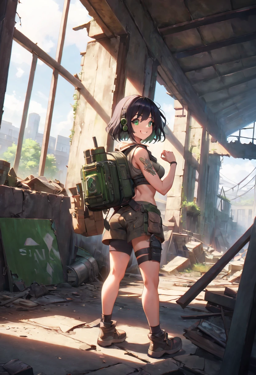 A woman wearing post apocalypitc clothes, short black hair, bright green eyes, and a headphone. She has medium-sized breasts and a toned, strong body. She is in a ruined Shop, one hand in his backback. She is smiling, and it's a sunny and beautiful day.





