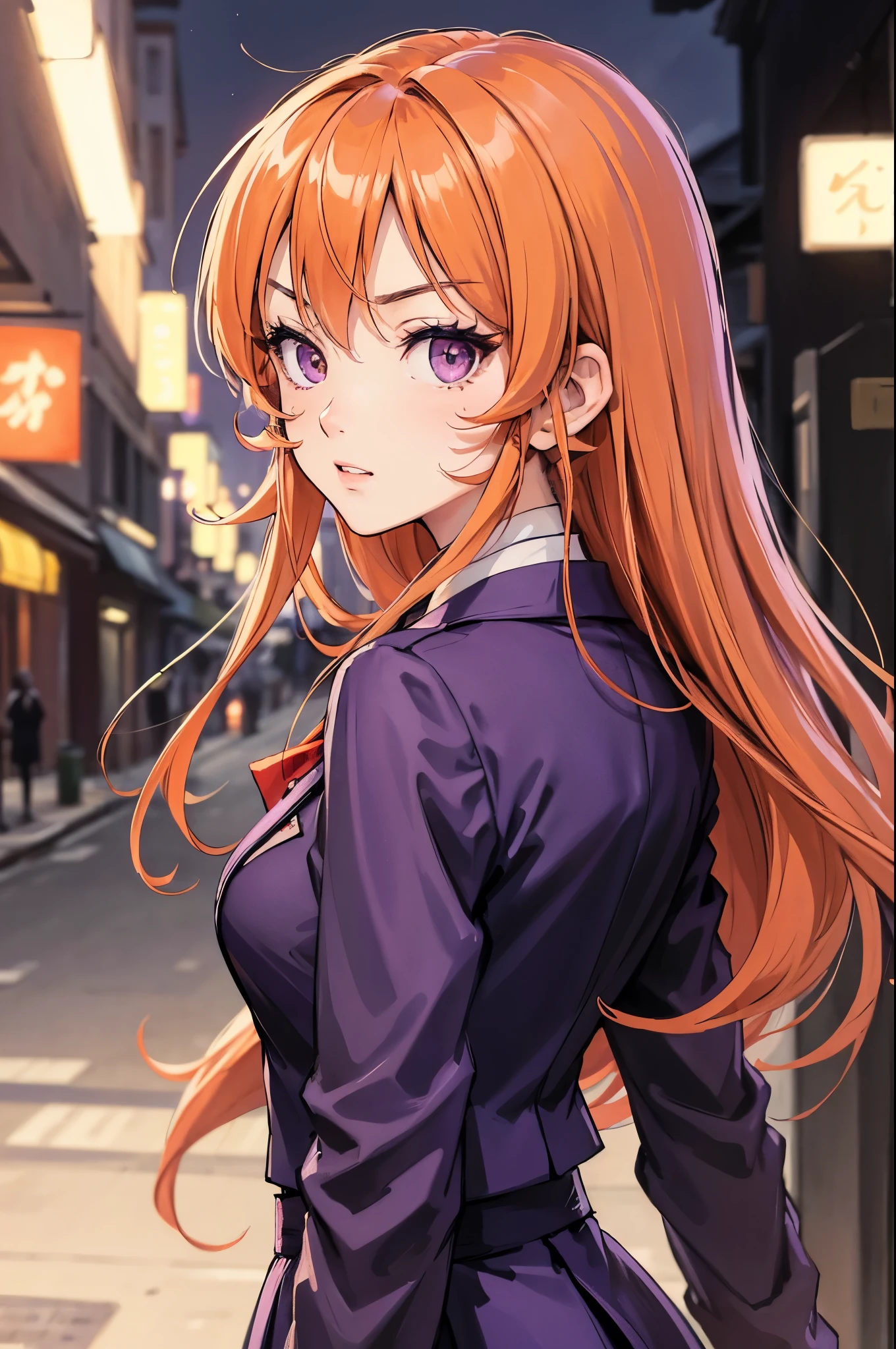 (face portrait:1.2), portrait, (masterpiece), best quality, expressive eyes, perfect face, highres, 1 girl, solo, erina nakiri, long hair, orange hair, (purple eyes:1.1), hair between eyes, bow, school uniform, jacket, zettai ryouiki, blazer, outdoor backdground, looking at the viewer, from frontal