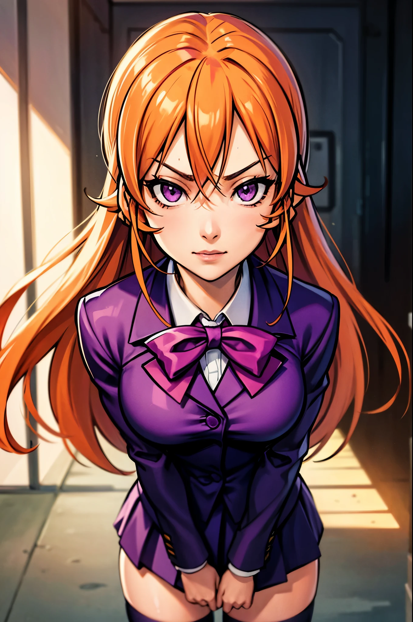 (face portrait:1.2), portrait, (masterpiece), best quality, expressive eyes, perfect face, highres, 1 girl, solo, erina nakiri, long hair, orange hair, (purple eyes:1.1), hair between eyes, bow, school uniform, jacket, zettai ryouiki, blazer, outdoor backdground, looking at the viewer, from frontal