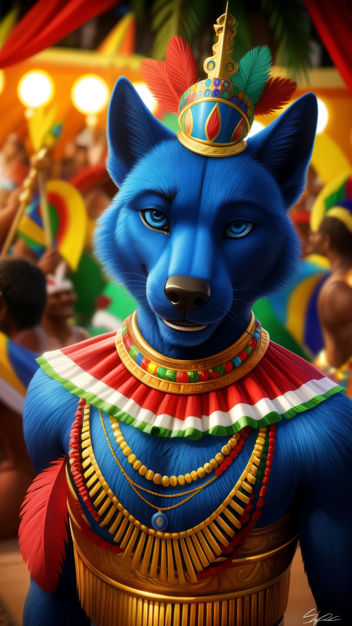 Peludo azul oscuro con un traje de estilo brasileño, ojos azules, un fondo realista de Río de Janeiro jugando pagode. Acento brasileño ahora un carnaval en el fondo para el espectador, una sonrisa genial, visual único y original HDR 99K.
