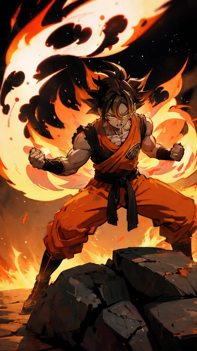 Goku Ultra Instinto, esfera do dragão, white fogo, vestindo roupas típicas de dragonball. muito bravo. O fundo está escuro, seixos voadores, Vento, Fumo espesso, muitas pedras grandes, fogo