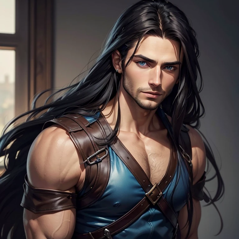 un primer plano de un hombre con cabello largo y ojos azules, arte digital by Bernardino Mei, tumblr, arte digital, guapo impresionante realista, hombre guapo, hombre atractivo, maravilloso cabello oscuro, hermoso rostro masculino, hermoso joven, pelos largos y oscuros, con pelo largo y ojos penetrantes, pelo negro hasta los hombros, hermoso rostro, joven con pelo largo, perfect hermoso rostro