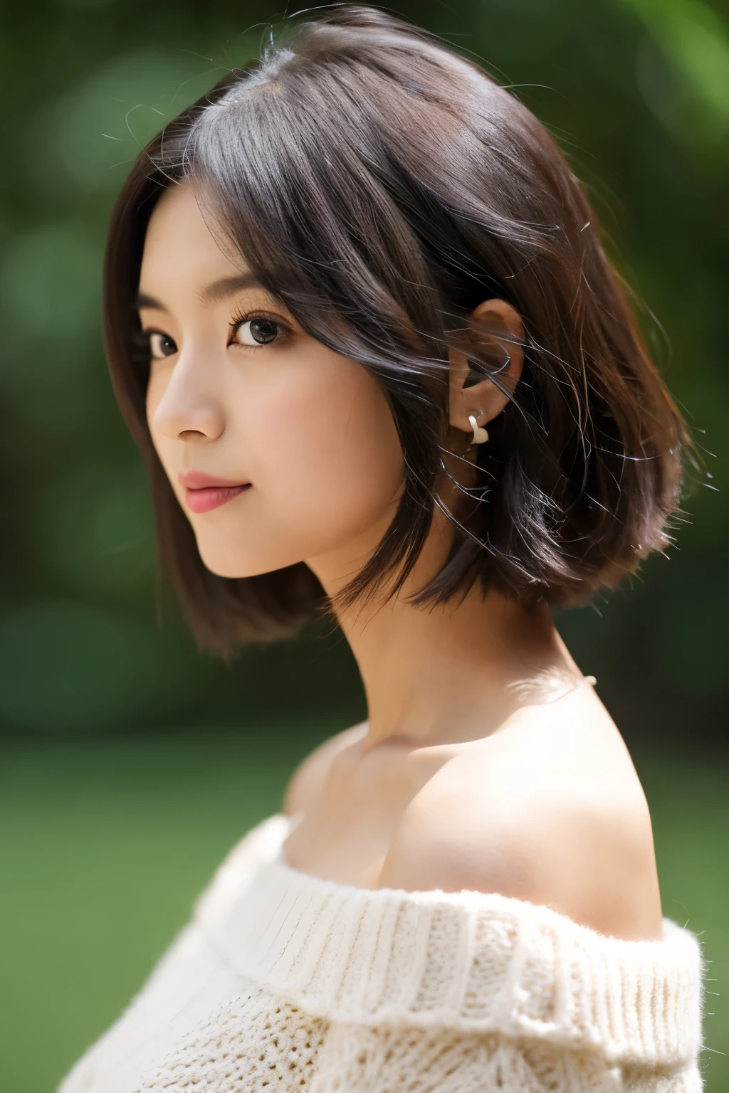 puregirl, 1girl, solo, realistic, looking at viewer, black hair, bare shoulders, upper body, from side, off shoulder, sweater, short hair, brown hair, portrait, off-shoulder sweater, messy hair, looking to the side