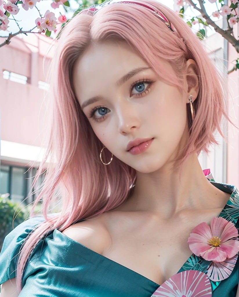 young woman, shoulder-length pink hair, wide forehead, porcelain skin, pink eyebrows, big emerald green eyes, buttoned nose, full lips, heart-shaped face, butterfly earrings, slender body, small breasts, blue butterfly dress , Sakura Haruno, realistic, realism, details, 3d