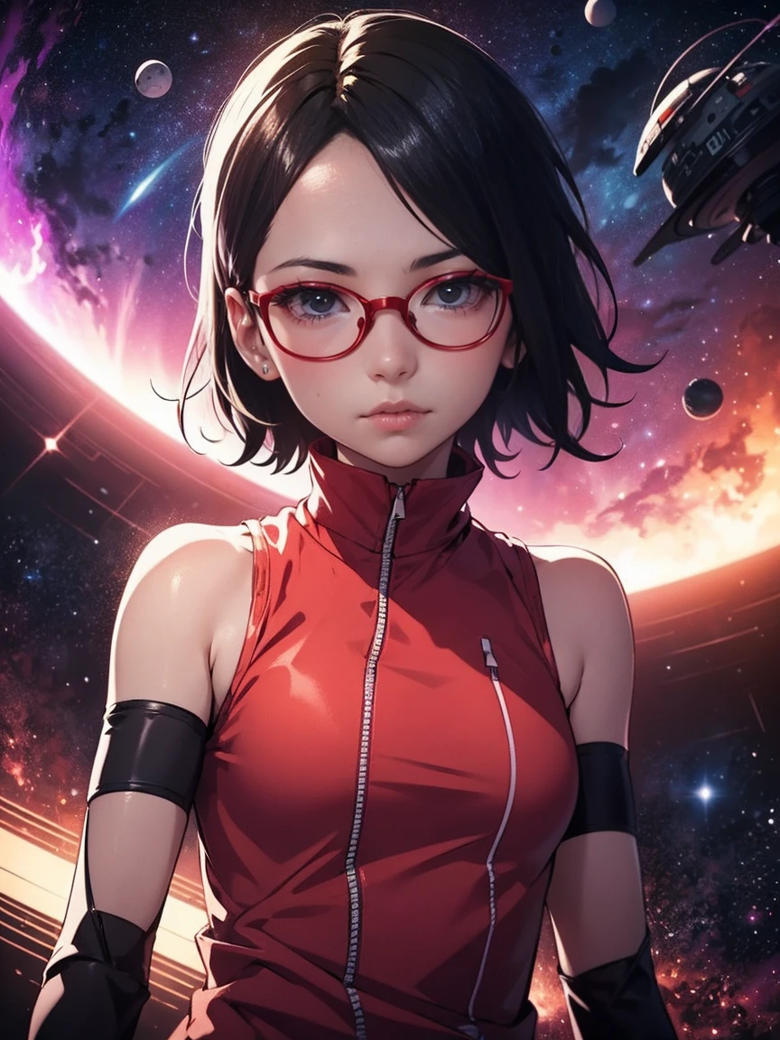 Sarada Uchiha with an athletic body, short hair, black eyes, wearing red glasses. Next generation. She has a cyberpunk look and tattoos and is drifting in space Dramatic lighting from stars and planets distant nebulae illuminates the scene