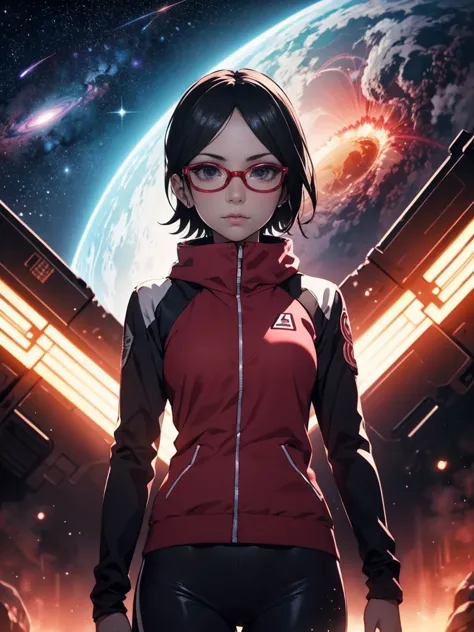 sarada uchiha with an athletic body, short hair, black eyes, wearing red glasses. next generation. she has a cyberpunk look and ...