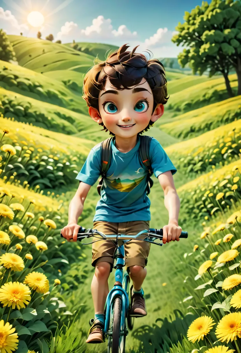 (a boy riding a bicycle in a field in summer),illustration,green grass,dandelions,beautiful rolling hills,bright sunny day,clear...