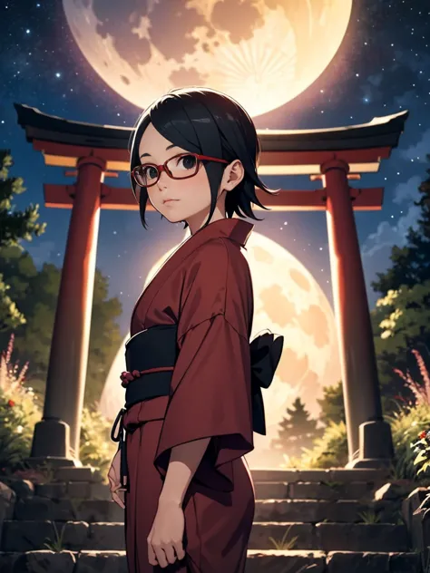 Sarada Uchiha with short hair, black eyes and red glasses. Next generation. Sarada wearing a yukata on a long staircase in the m...