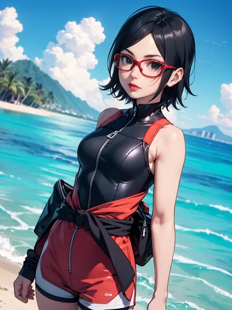 Sarada Uchiha with short hair, black eyes, wearing prescription glasses. She is wearing a black wetsuit with red details, she is...