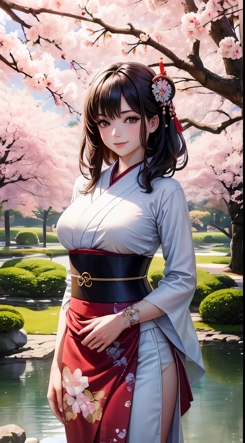 ((melhor qualidade)), ((obra de arte)), ((realista)), Menina com uma beleza impecável em um sereno jardim japonês com flores de cerejeira na altura dos olhos, cênico, obra de arte, (alta resolução), original, 8K extremamente detalhado , (photorealista:1.4),rosto impecável, olhos perfeitos,forma corporal simétrica,sorriso, 