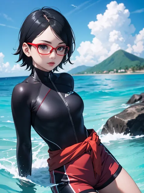 sarada uchiha with short hair, black eyes, wearing prescription glasses. she is wearing a black wetsuit with red details, wearin...