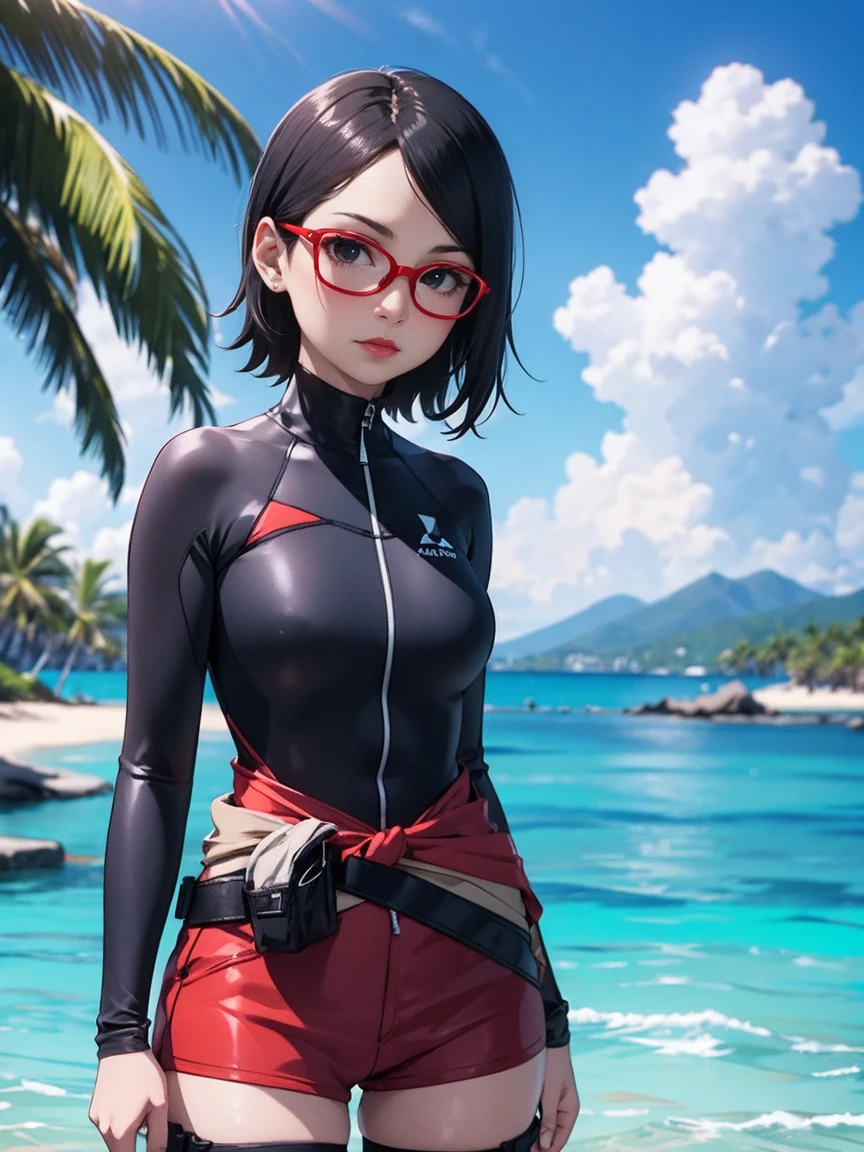 Sarada Uchiha with short hair, black eyes, wearing prescription glasses. She is wearing a black wetsuit with red details, wearing tactel shorts, wearing a utility belt around your waist, she is on a reef with half her body out of the water, the day is sunny with some clouds, Red lipstick. paradise island in the background.