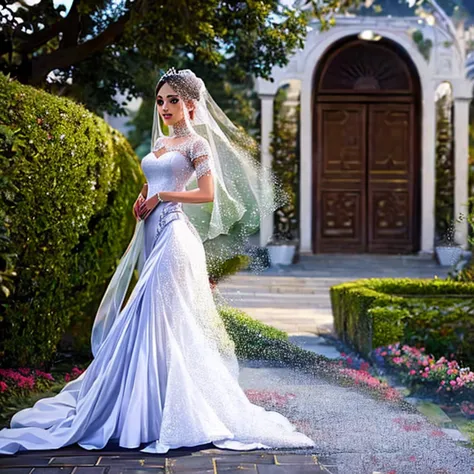 princess woman in wedding dress in front of a beautiful palace surrounded by a beautiful garden