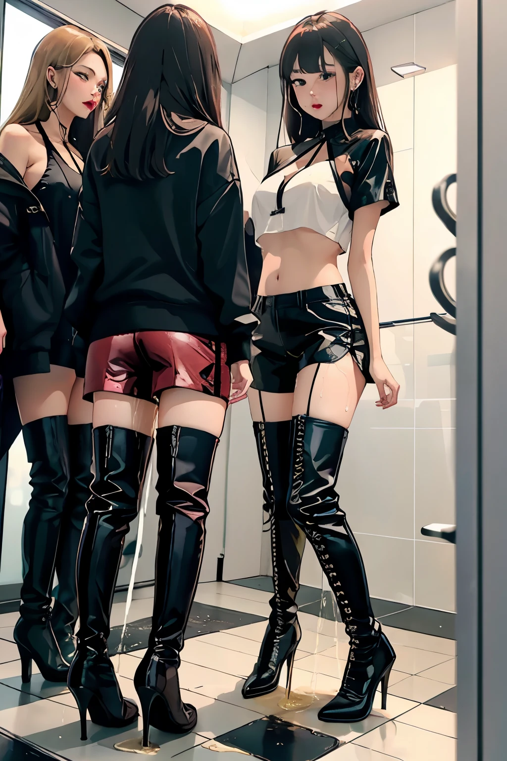 highres, beautiful women, high detail, good lighting, lewd, hentai, (((bike shorts))), (leather halter top), (bare midriff), (cameltoe), (((leather thigh high heel boots))), (wet shorts), (((wetting herself))), (((peeing herself))), (((peeing self))), (pee streaming down legs), peeing stain, (puddle), (thick thighs), nice long legs, lipstick, detailed face, pretty face, humiliated, embarrassed, ((waiting for bathroom with line of women in queue)), hihelz