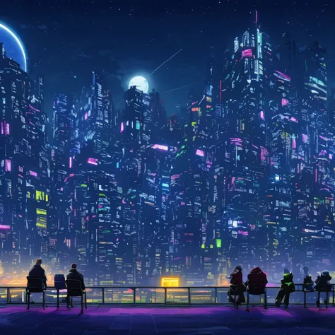 a huge cyberpunk city with flashing neon lights against the night sky, the moon is huge and bright, and in the distance you can ...