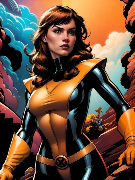 (((A comic style, cartoon art))). Shadowcat (((Posing for photo in epic heroic pose))) , wearing his iconic X-Men uniform. a con...