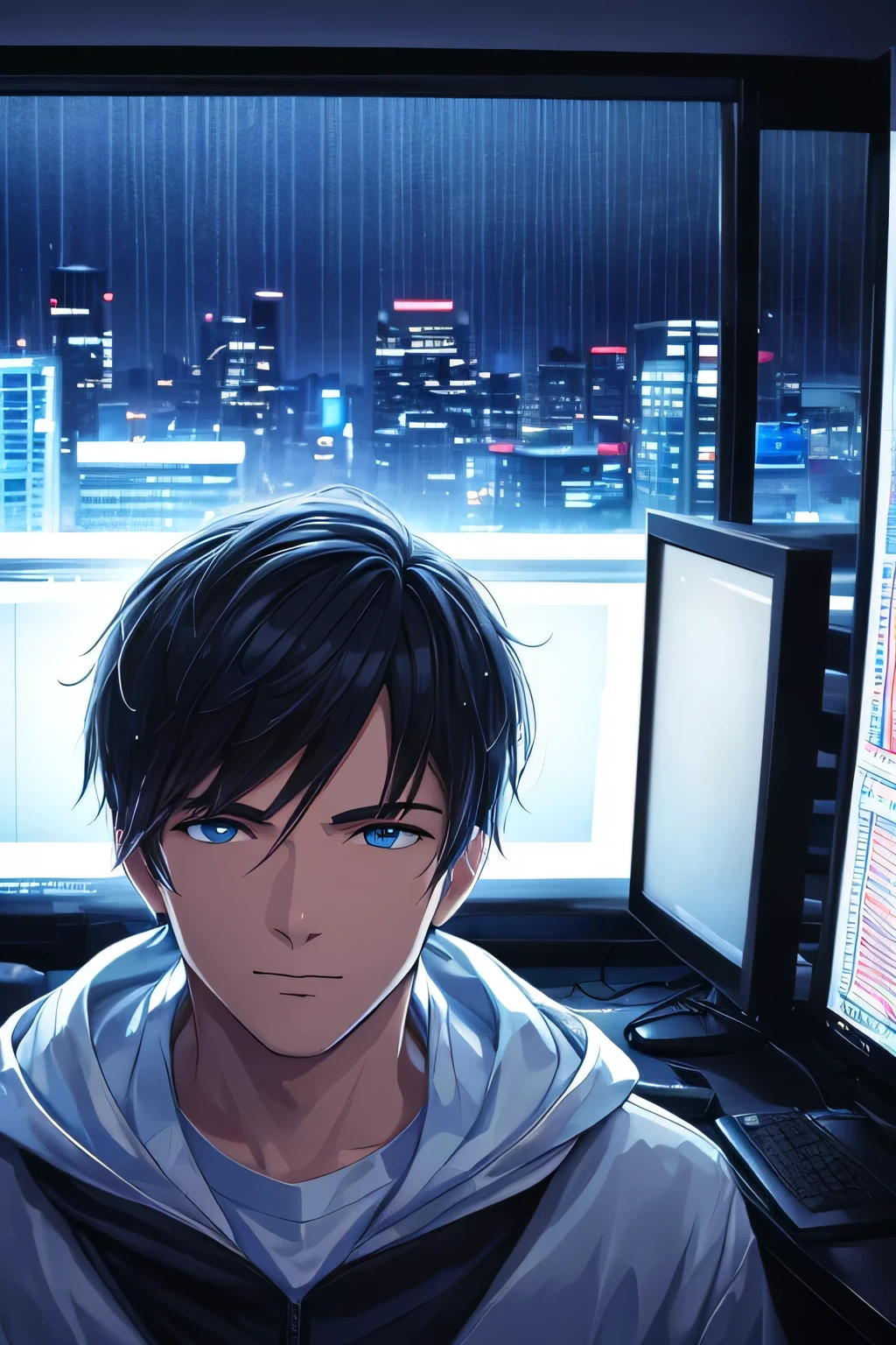  a digital painting inspired by Liam Wong, head-shot of a male computer geek, perfectly center. looking directly to the camera and sitting at gaming chair inside his cozy smart bedroom, behind him a window with a view of the city and it's raining outside ,digital art, highly detailed, half body portrait, 8k best quality, super detail, Ultra HD