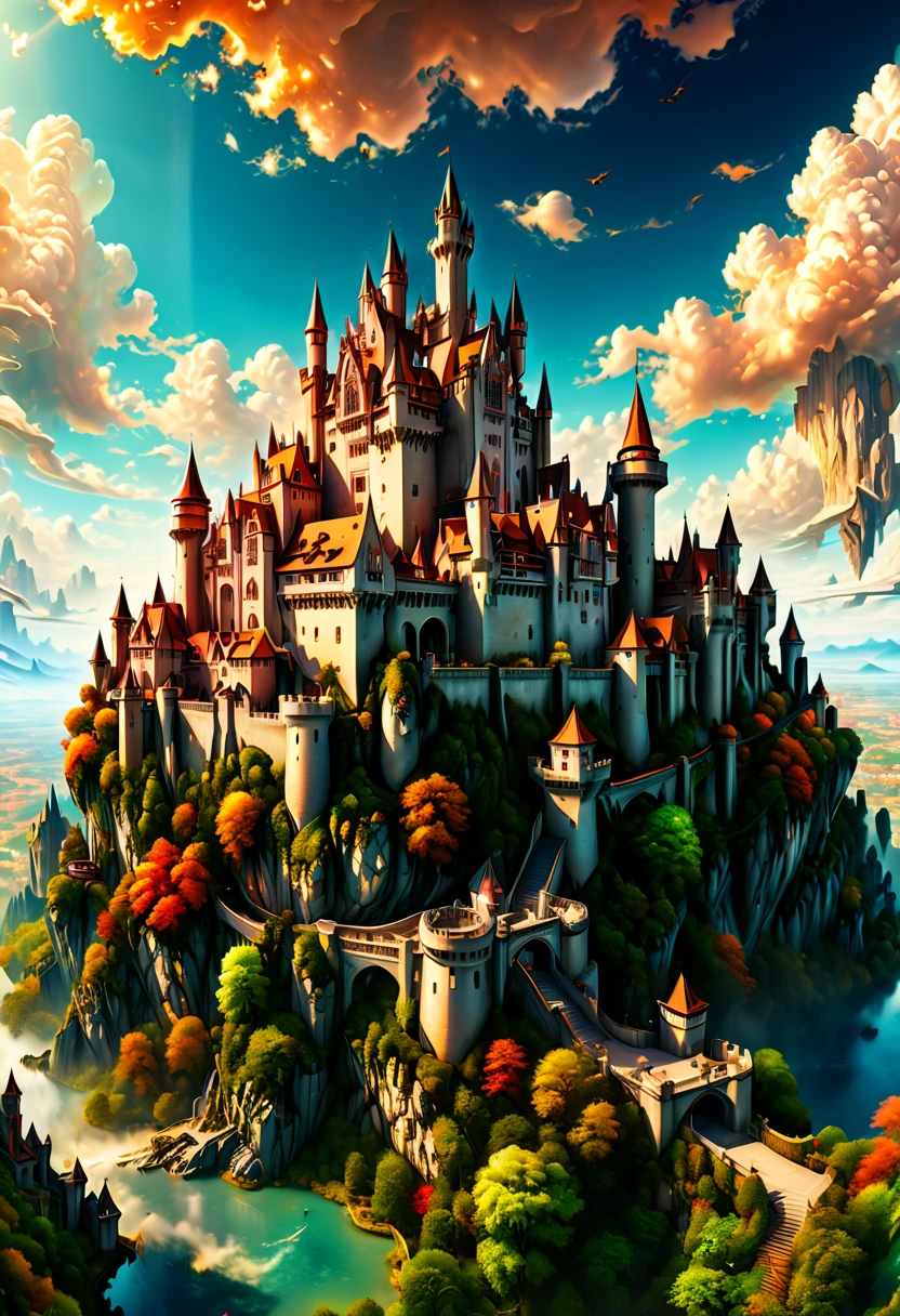 resort castle in the air, European elements, detailed background, fantasy art, panoramic view, Ultra high saturation, Enhancer, (best quality, masterpiece, Representative work, official art, Professional, 8k)