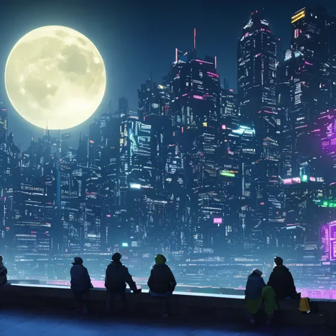 a huge cyberpunk city with flashing neon lights against the night sky, the moon is huge and bright, and in the distance you can ...