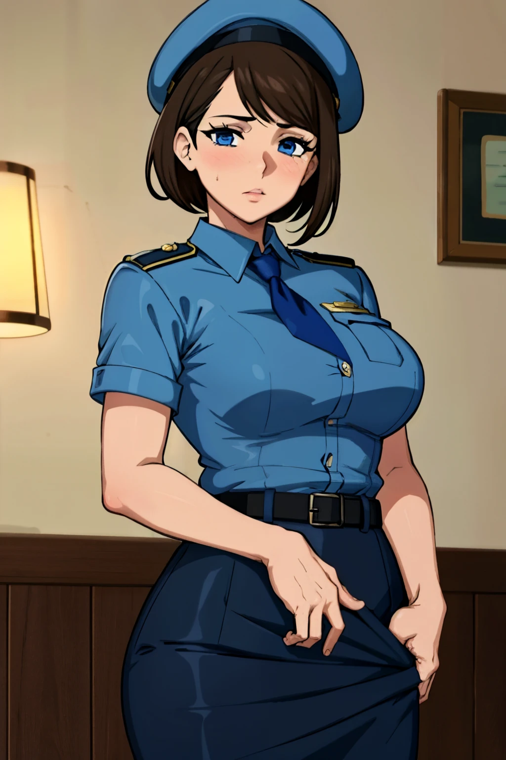 (masterpiece:1.2, Best quality:1.2, Beautiful:1.1, High quality, 4K:1.1, aesthetic), detailed, extremely detailed, ambient soft lighting, irreproachable, hires, mature woman, lips, long eyelashes, Jill Valentine, short brown hair, Black fingerless gloves, Blue eyes, beret, It has, blush, big breasts, short sleeves, trousers, police uniform, blue skirt, blue shirt,  naked, pussy крупным планом, pussy