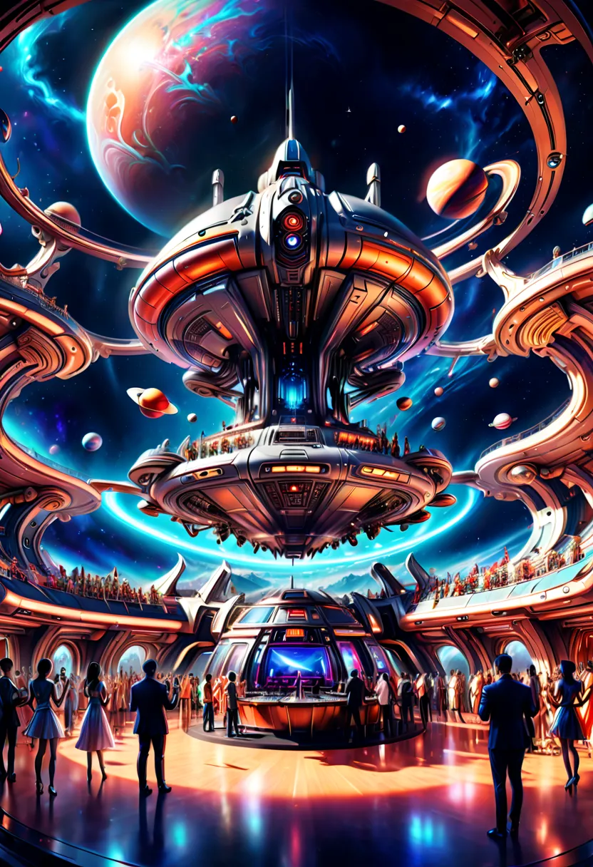 resort Spacecraft outspace, Entertainment facilities, song and dance performances, detailed background, fantasy art, panoramic v...