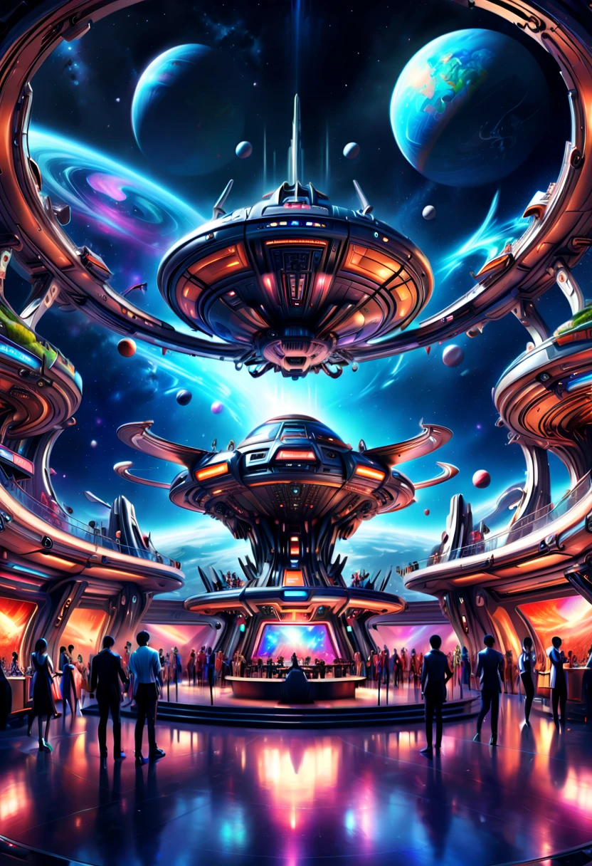resort Spacecraft outspace, Entertainment facilities, song and dance performances, detailed background, fantasy art, panoramic view, Ultra high saturation, Enhancer, (best quality, masterpiece, Representative work, official art, Professional, 8k)
