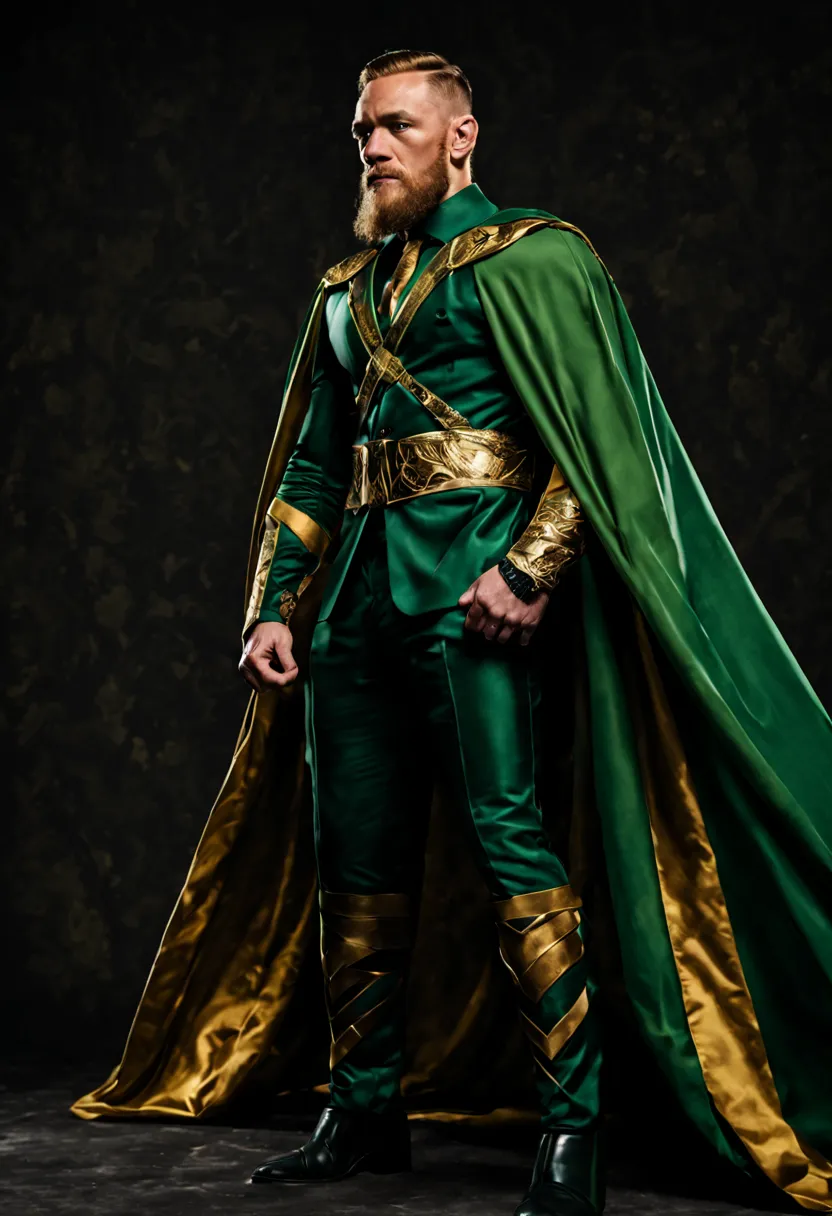 Conor McGregor as Loki, 40s year old, all green and gold details suit, green cape, Loki headgear, tall, manly, hunk body, muscul...