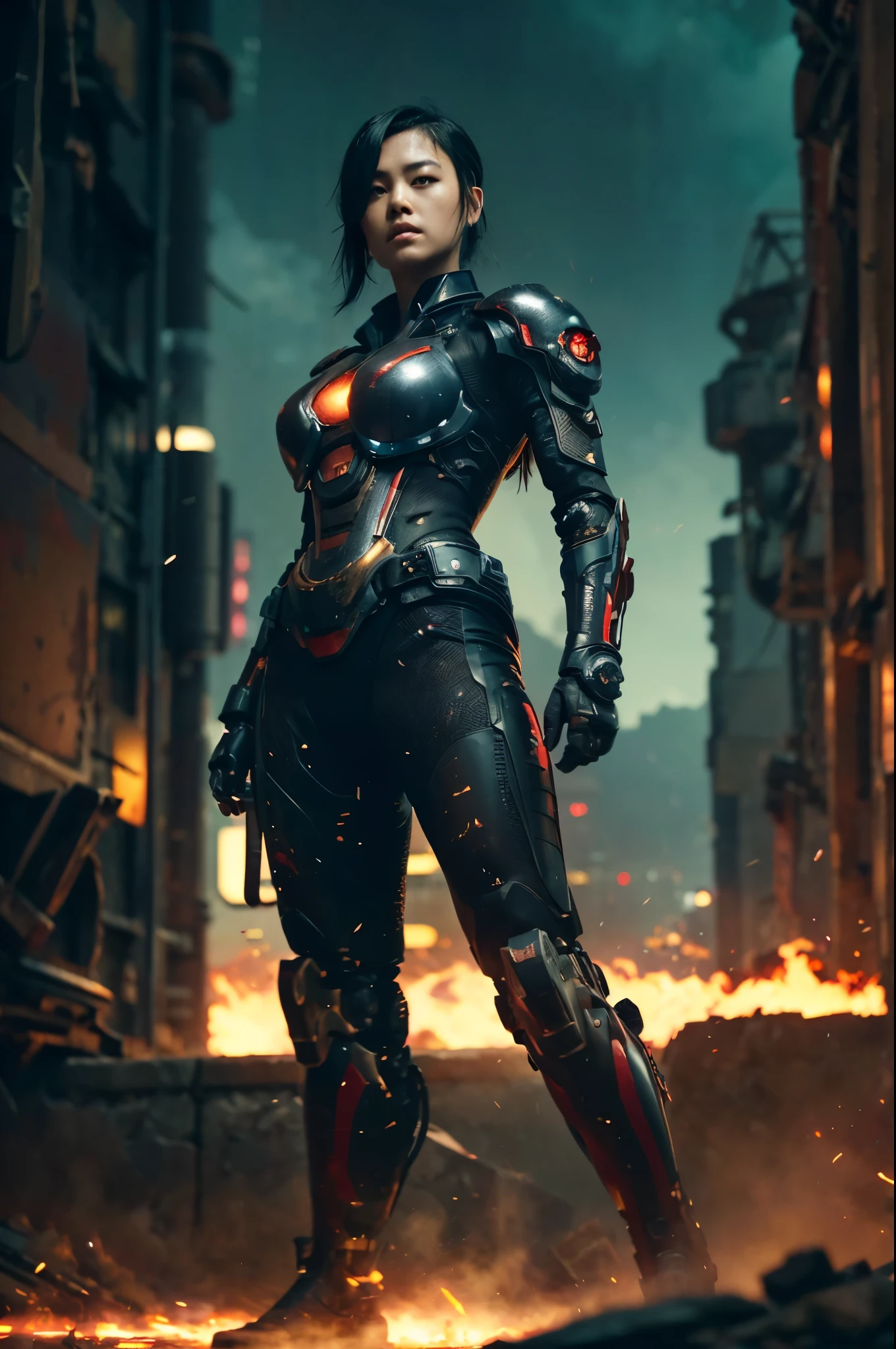 This is a CG Unity 8k wallpaper with ultra-detailed, high-resolution and top quality in cyberpunk style, dominated by black with a hint of red, In the picture, a beautiful Japanese girl with a short straight half shaved black hair, a delicate face, wearing a damaged, scraped, dented carbon steam armored mecha suit, dragon tattoo on neck, standing on the ruins in a (Kong Fu) pose, holding a pure black katana with a red glowing razor blade, behind her is a huge military robot, Social realism, Hyperrealism, sparkle, cinematic lighting, lens flare, Ultra-Wide Angle, moody, ruins scene, dramatic light, cinematic, black ash, bokeh, motion blur, sparks, 