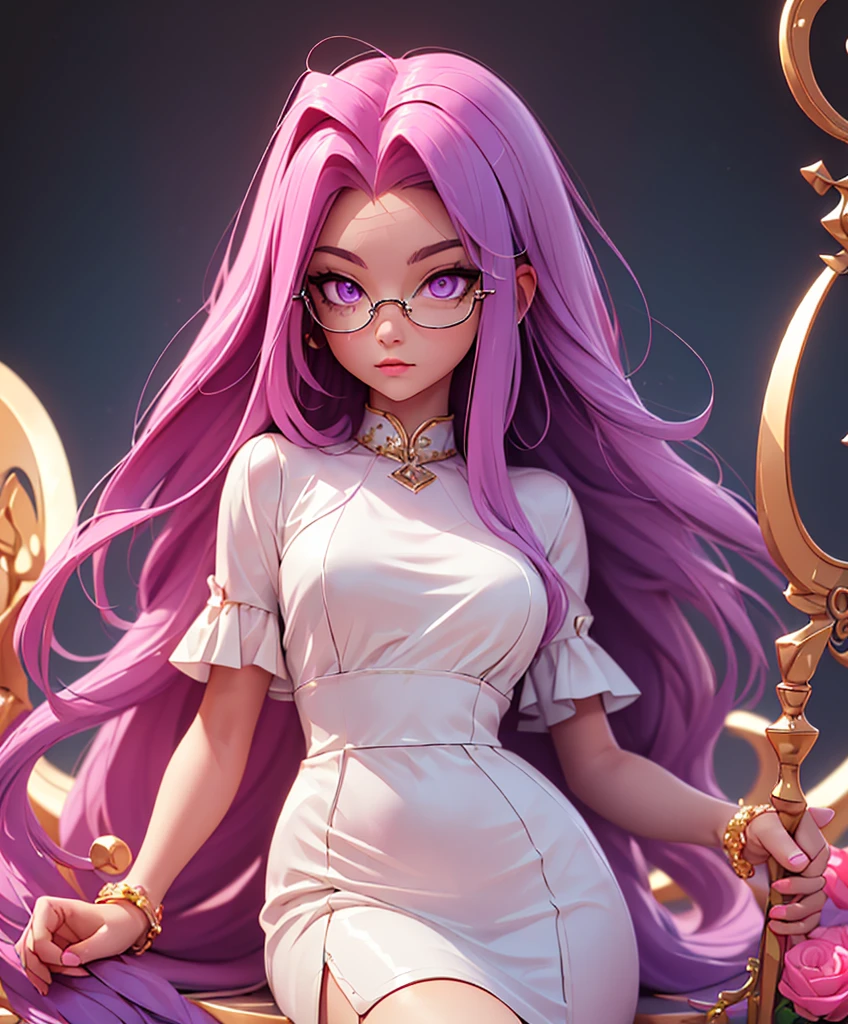 1girl, best quality, masterpiece, high resolution, solo, {white dress:1.40}, {short dress:1.20}, {medusa_fgo:1.15}, long_hair, purple_hair, very_long_hair, purple_eyes, breasts, big_breasts