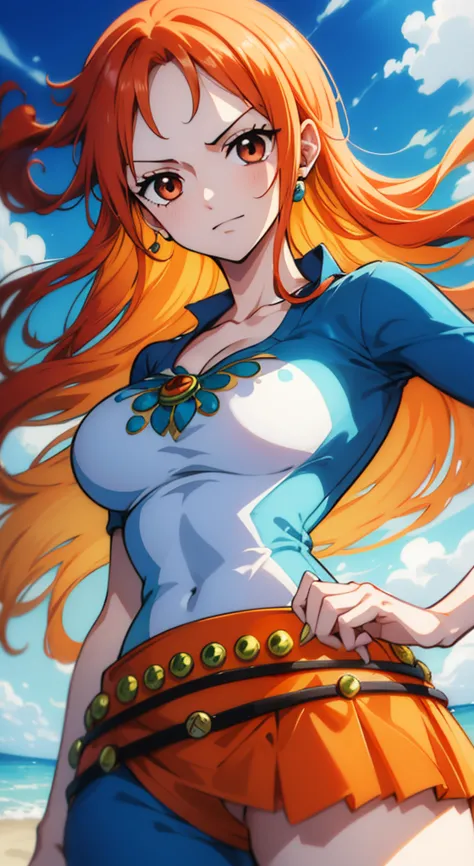 Generar una imagen realista de estilo anime de Nami de One Piece. Captura su apariencia distintiva con cabello naranja, una cami...