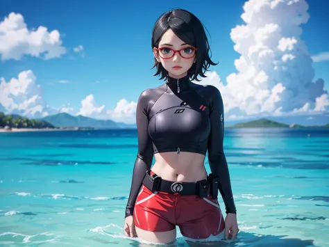 Sarada Uchiha with short hair, black eyes, wearing prescription glasses. She is wearing a black wetsuit with red details, wearin...