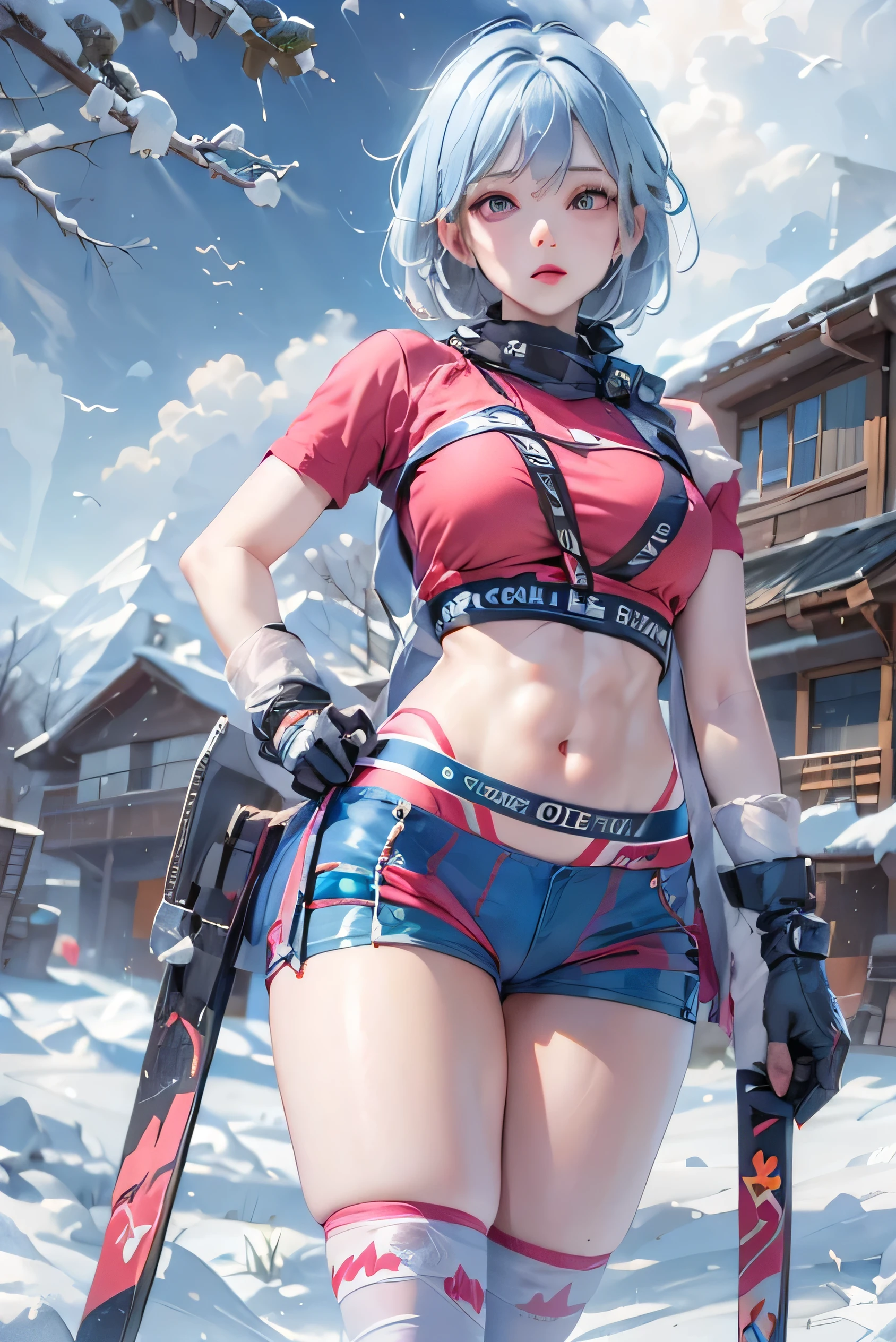 (photorealistic:1.3, highest quality:1.3,8Kmasterpiece, masterpiece:1.3,High resolution,muste piece:1.2),A 23-year-old woman on a snow mountain,(bondage ski wear:1.3,choker,boots), beautiful skin, (looking at the camera:1.2),(photo seen from the ground:1.3),(short hair:1.2,bright blue hair:1.5), (troubled face:1.1,blushing:1.3),tracing(足を広げた大胆なtracing,ダイナミックtracing:1.2),background(snow scene:1.5,snow mountain:1.3,Ski resort),(Slender, abs:1.2),(Underwear visible through clothing),(Butt visible through clothes),(young skinny gravure idol, sophisticated gravure idol),(detailed perfect face),normal hands:1.5,normal finger:1:5,normal feet:1.5,(cameltoe)