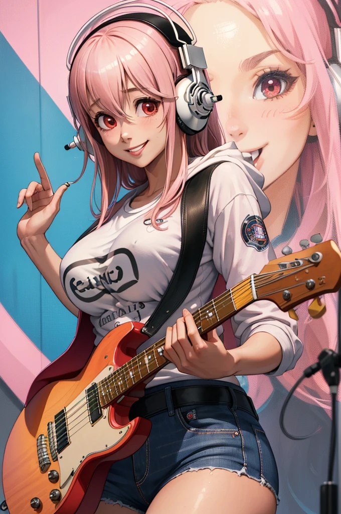 (masterpiece, best quality:1.2), solo, 1girl, super sonico, smiling, breast, pink hair, tight shirt, playing guitar, holding instrument, headphones, red eyes, hooded jacket, shirt, solo, 1girl, realistic, (best quality), (masterpiece), ultra detail, (ultra high res), extreme detail, 8k, uhd, detailed