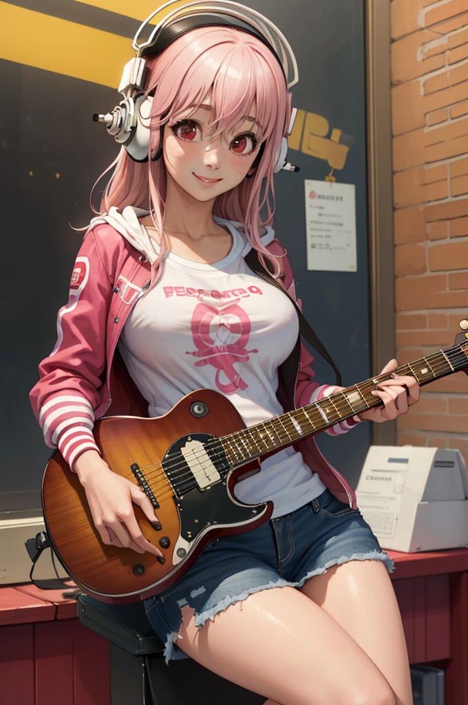 (masterpiece, best quality:1.2), solo, 1girl, super sonico, smiling, breast, pink hair, tight shirt, playing guitar, holding instrument, headphones, red eyes, hooded jacket, shirt, solo, 1girl, realistic, (best quality), (masterpiece), ultra detail, (ultra high res), extreme detail, 8k, uhd, detailed