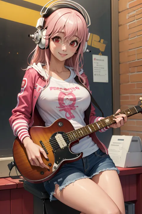 (masterpiece, best quality:1.2), solo, 1girl, super sonico, smiling, breast, pink hair, tight shirt, playing guitar, holding ins...