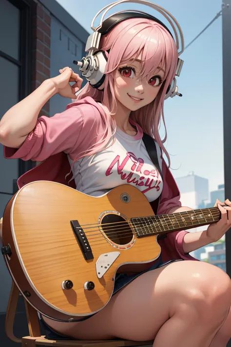 (masterpiece, best quality:1.2), solo, 1girl, super sonico, smiling, breast, pink hair, tight shirt, playing guitar, holding ins...