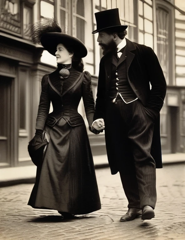 ((Лучшее качество)); В 19 веке, 1888; пара целуется; переплетенный; женщина в черной шляпе, длинная черная куртка, отороченная мехом, красная роза и папоротники свисают с его куртки,  длинная черная юбка, сапоги, клетчатый шелковый шарф, повязанный на шее; элегантный мужчина; викторианский костюм; Уайтчепел-стрит; Лондон; Ночная улица; сцена из жизни; кинематографический; гиперреалистичный; 4k;