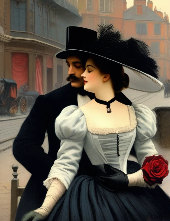 ((meilleure qualité)); Au 19 ème siècle, 1888; couple qui s'embrassent; enlacés; femme chapeau noire, une longue veste noire garnie de fourrure, une rose rouge et des fougères accrochées à sa veste,  longue jupe noire, des bottines, un foulard de soie à carreaux noué autour du cou; homme élégant; costume victorien; rue de Whitechapel; Londres; Rue de nuit; scene de vie; cinématographique; hyper réaliste; 4K;