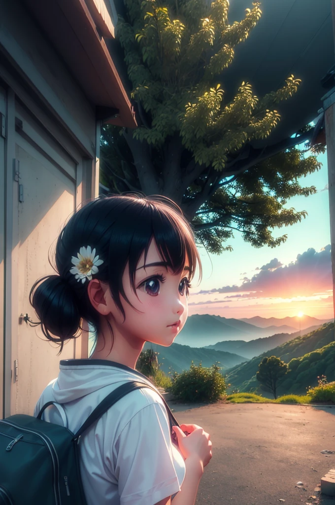 (landscape)  one butiful girl seeing to sunrise  she girl is japnese 