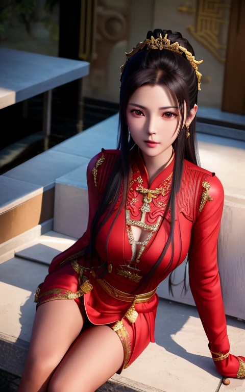 Mujer Araf con vestido rojo sentada en un banco，llevando una cadena de oro, xianxia de cuerpo completo, Dama de la Armadura Roja, Hermosa mujer anime encantadora, Seductor retrato de Tifa Lockhart, Rin Harusaka, Temas populares en cgstation, chicas anime seductoras, Súcubo en falda ajustada, vistiendo ropa roja, vistiendo un cheongsam rojo, Chen Sumi