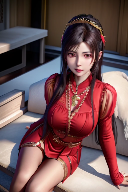 Femme Araf en robe rouge assise sur un banc，porter une chaîne en or, xianxia complet du corps, Dame à l&#39;armure rouge, Belle charmante femme anime, portrait séduisant de Tifa Lockhart, Rin Harusaka, Sujets populaires sur cgstation, filles anime séduisantes, Succube en jupe moulante, porter des vêtements rouges, porter un cheongsam rouge, Chen Sumi