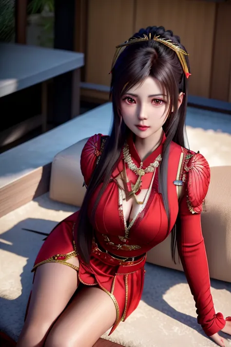 Araf woman in red dress sitting on bench，Wearing a gold chain, full body xianxia, Red Armor Lady, Beautiful charming anime woman...