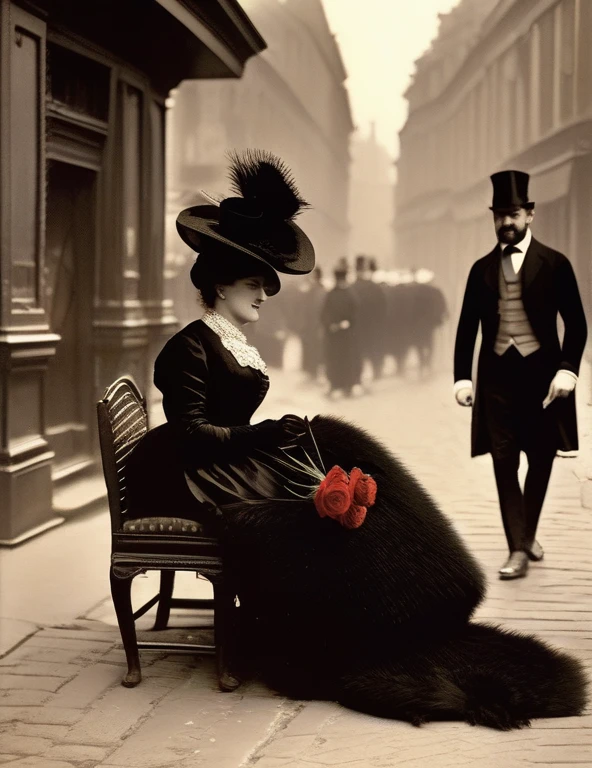 ((meilleure qualité)); No século 19, 1888; casal se beijando; entrelaçado; mulher de chapéu preto, uma longa jaqueta preta enfeitada com pele, uma rosa vermelha e samambaias penduradas em sua jaqueta,  saia preta longa, botas, un foulard de soie à carreaux noué autour du cou; homme élégant; traje vitoriano; Rua Whitechapel; Londres; Rua noturna; cena da vida; cinematográfico; hiper-realista; 4K;