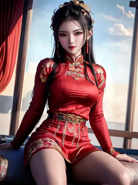 Araf asian woman in red dress sitting on bed, Red Armor Lady, anime characters; full body art, Beautiful charming anime woman, w...