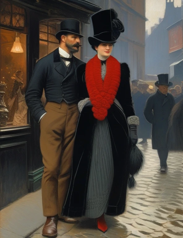 ((meilleure qualité)); Au 19 ème siècle, 1888; couple qui s'embrassent; femme chapeau noire, une longue veste noire garnie de fourrure, une rose rouge et des fougères accrochées à sa veste,  longue jupe noire, des bottines, un foulard de soie à carreaux noué autour du cou; homme élégant; costume victorien; rue de Whitechapel; Londres; nuit sombre; scene de vie; cinématographique; hyper réaliste; 4k;