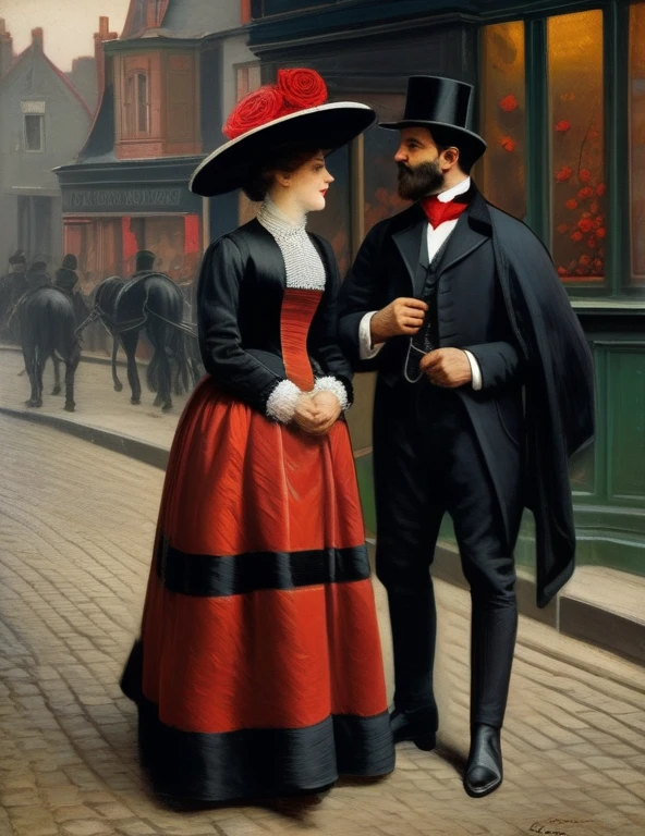 ((Лучшее качество)); В 19 веке, 1888; пара целуется; женщина в черной шляпе, длинная черная куртка, отороченная мехом, красная роза и папоротники свисают с его куртки,  длинная черная юбка, сапоги, клетчатый шелковый шарф, повязанный на шее; элегантный мужчина; викторианский костюм; Уайтчепел-стрит; Лондон; ночь мрачная; сцена из жизни; кинематографический; гиперреалистичный; 4k;